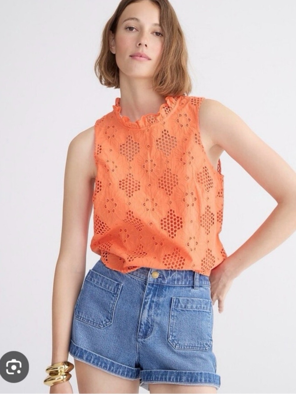 J. Crew Fleur Eyelet Sleeveless Top with Cami Summer Bright Orange Floral